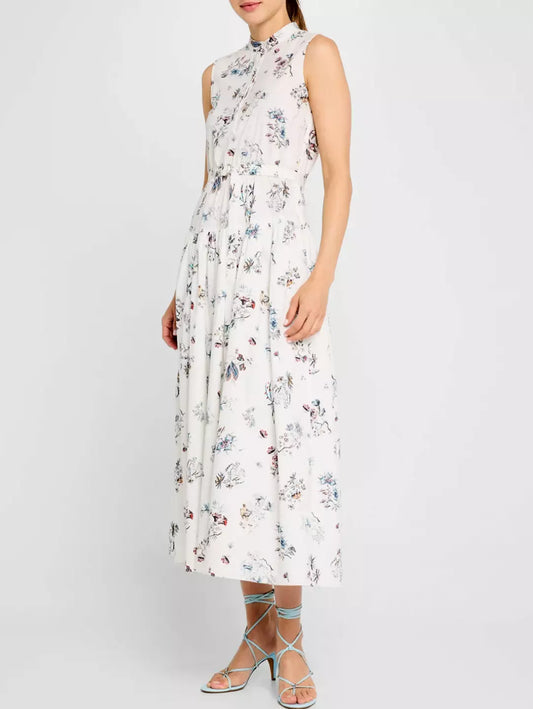 Belted floral-print cotton sleeveless midi shirt dress with a stylish floral pattern
