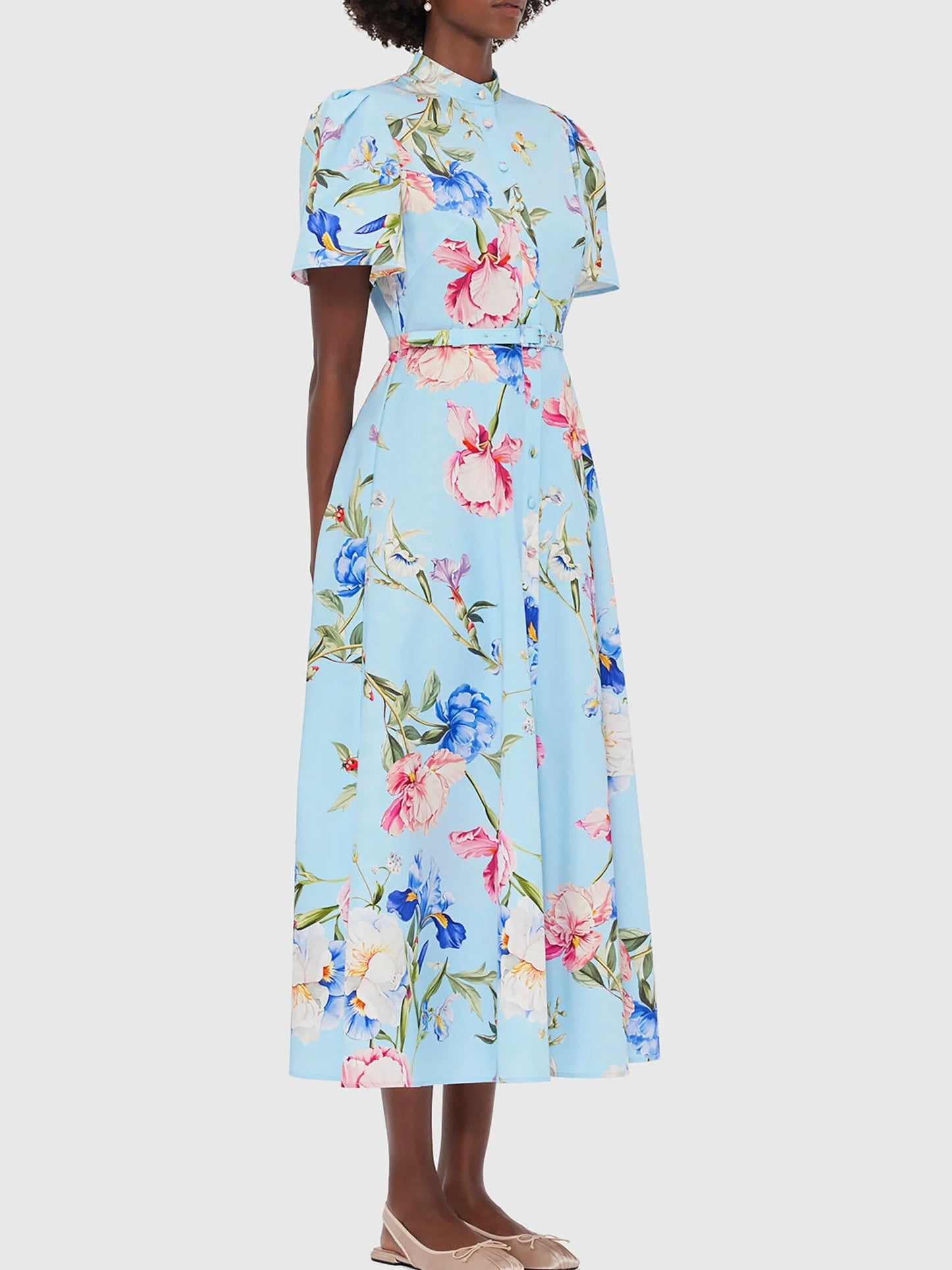 Belted Floral-Print Midi Dress in Light Blue - Dresses
