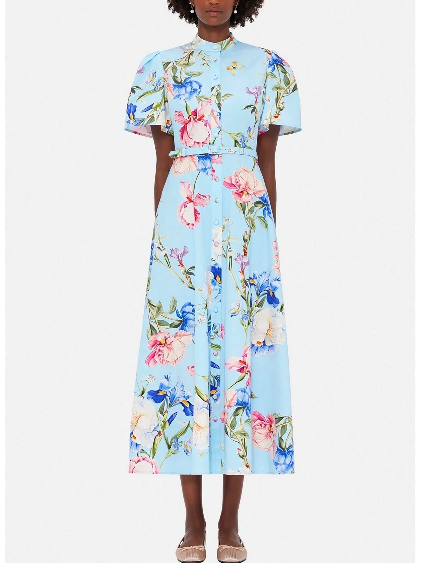 Belted Floral-Print Midi Dress in Light Blue - Dresses