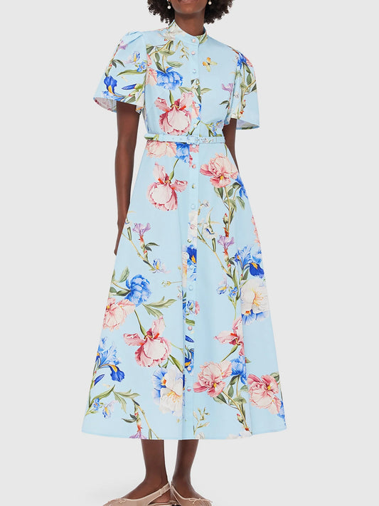 Belted Floral-Print Midi Dress in Light Blue - Dresses