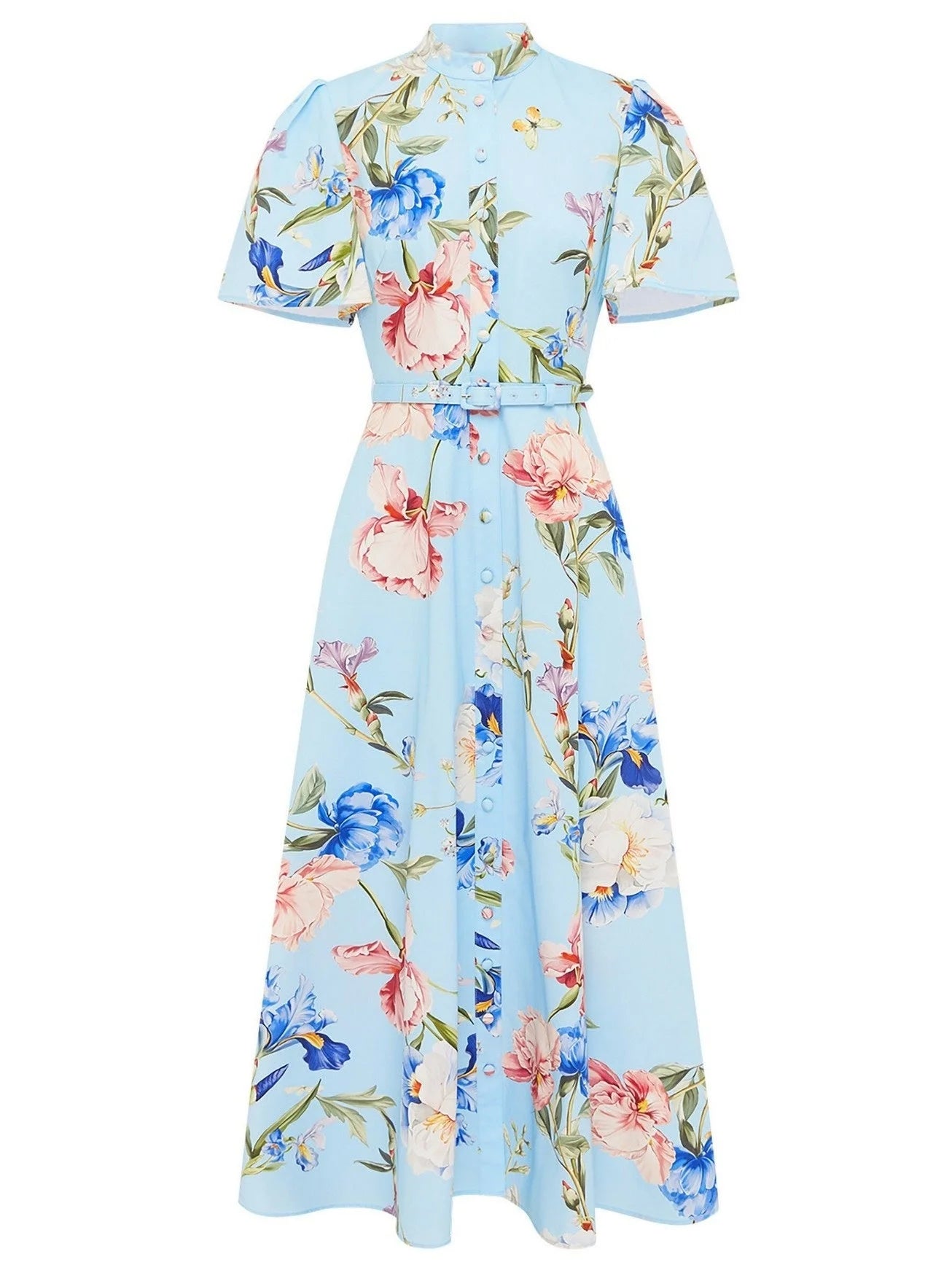 Belted Floral-Print Midi Dress in Light Blue - Dresses