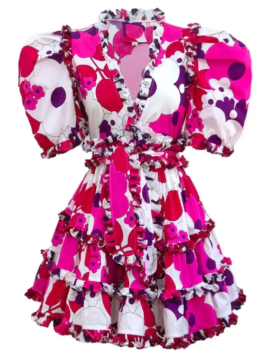 Belted Floral Print Ruffle-Trim Mini Dress - Dresses