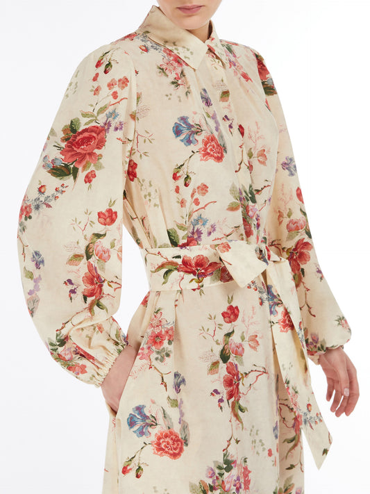 Belted Floral-Print Silk Shirt Midi Dress - Dresses