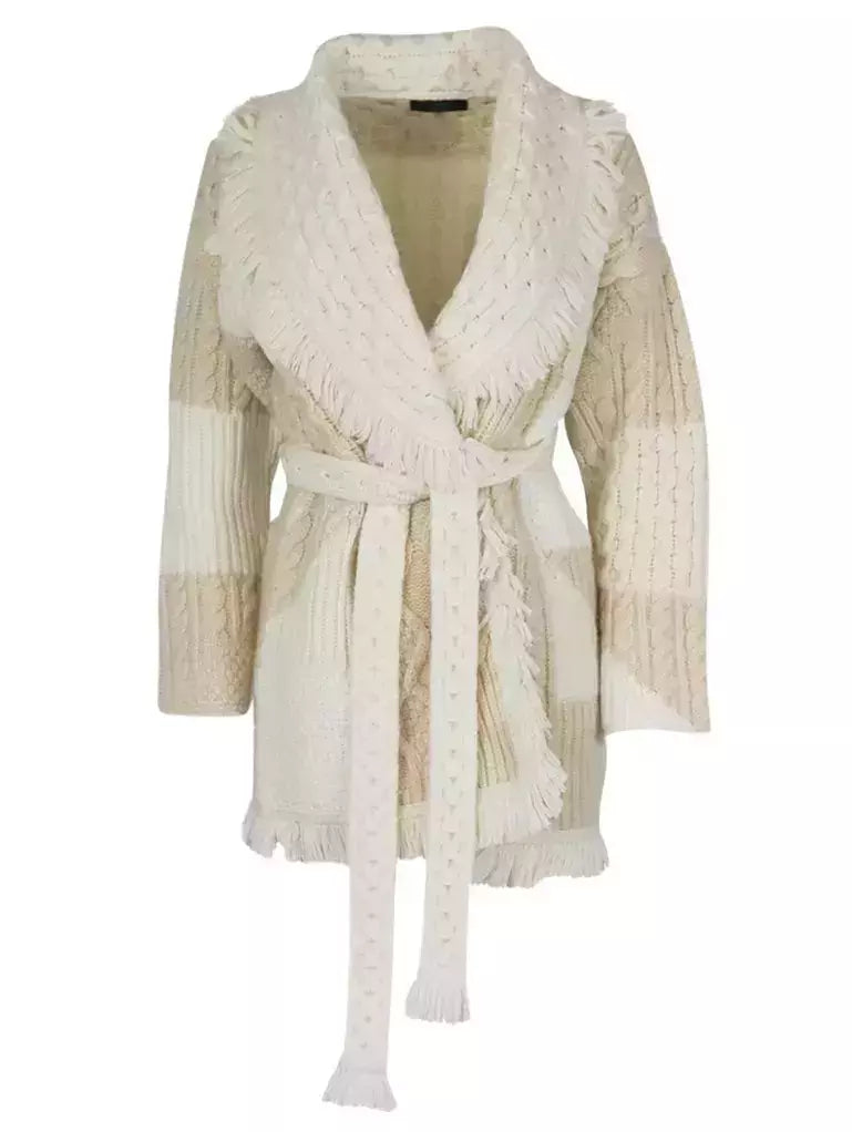 Cream-colored belted fringed patch work long knit cardigan with a stylish belt