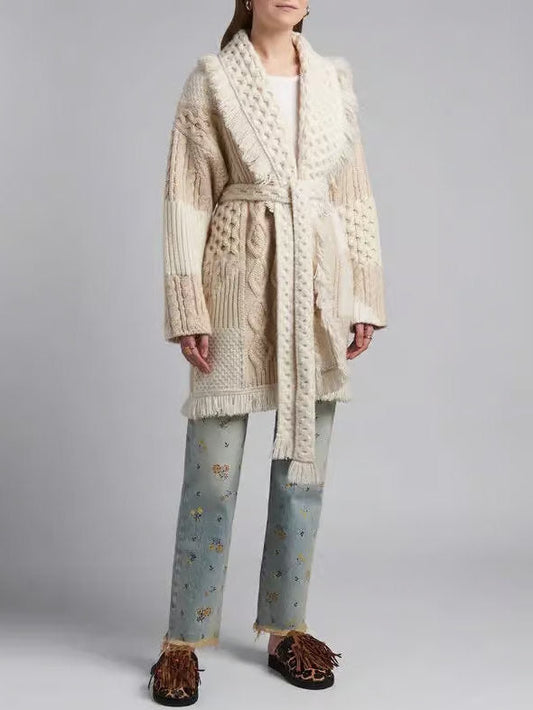 Cream-colored belted fringed patch work long knit cardigan with belt