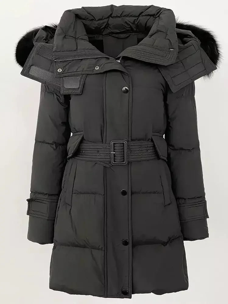 Belted Fur-Hooded Down Coat in Black - Coats
