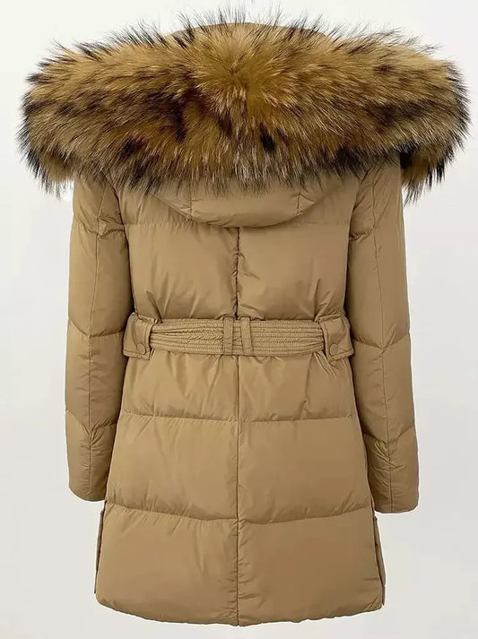 Belted Fur-Hooded Down Coat in Camel - Coats