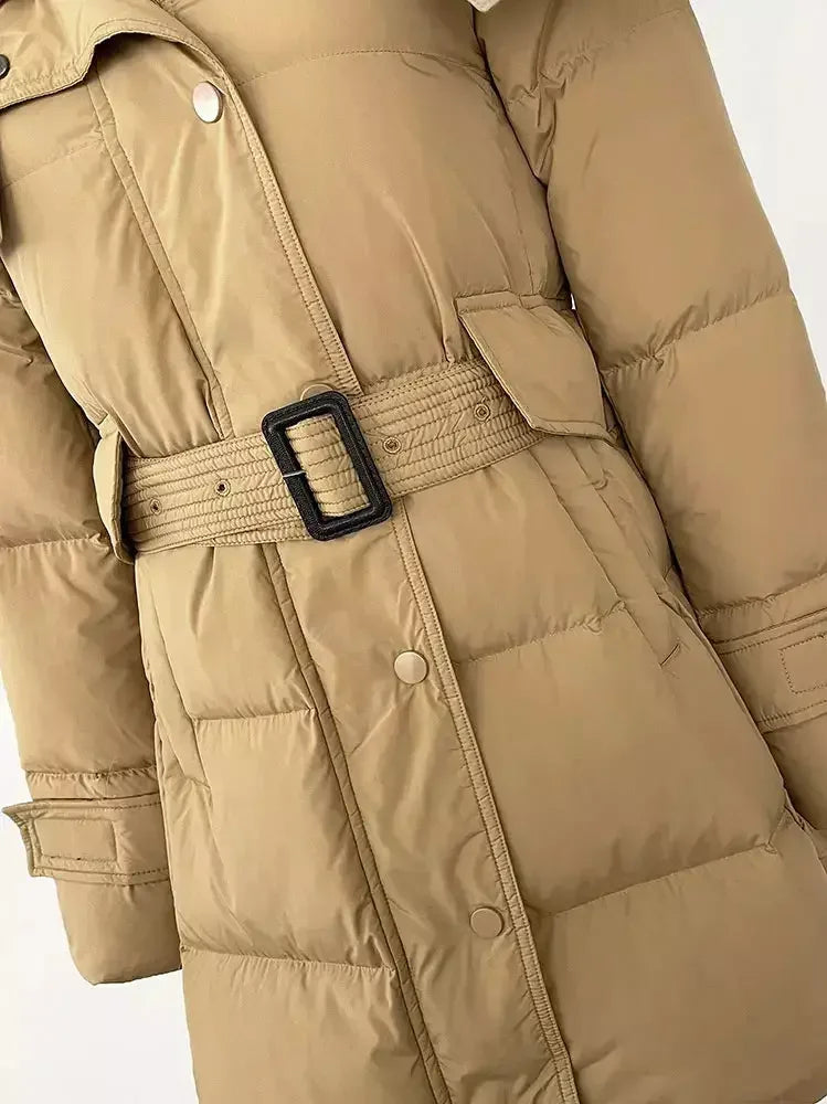 Belted Fur-Hooded Down Coat in Camel - Coats