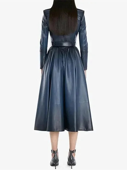 Belted Gradient Cropped Leather Jacket and Pleated Skirt Set - Suits & Sets