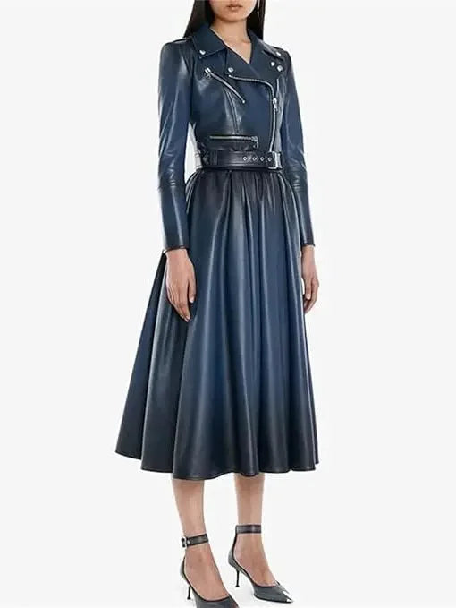 Belted Gradient Cropped Leather Jacket and Pleated Skirt Set - Suits & Sets