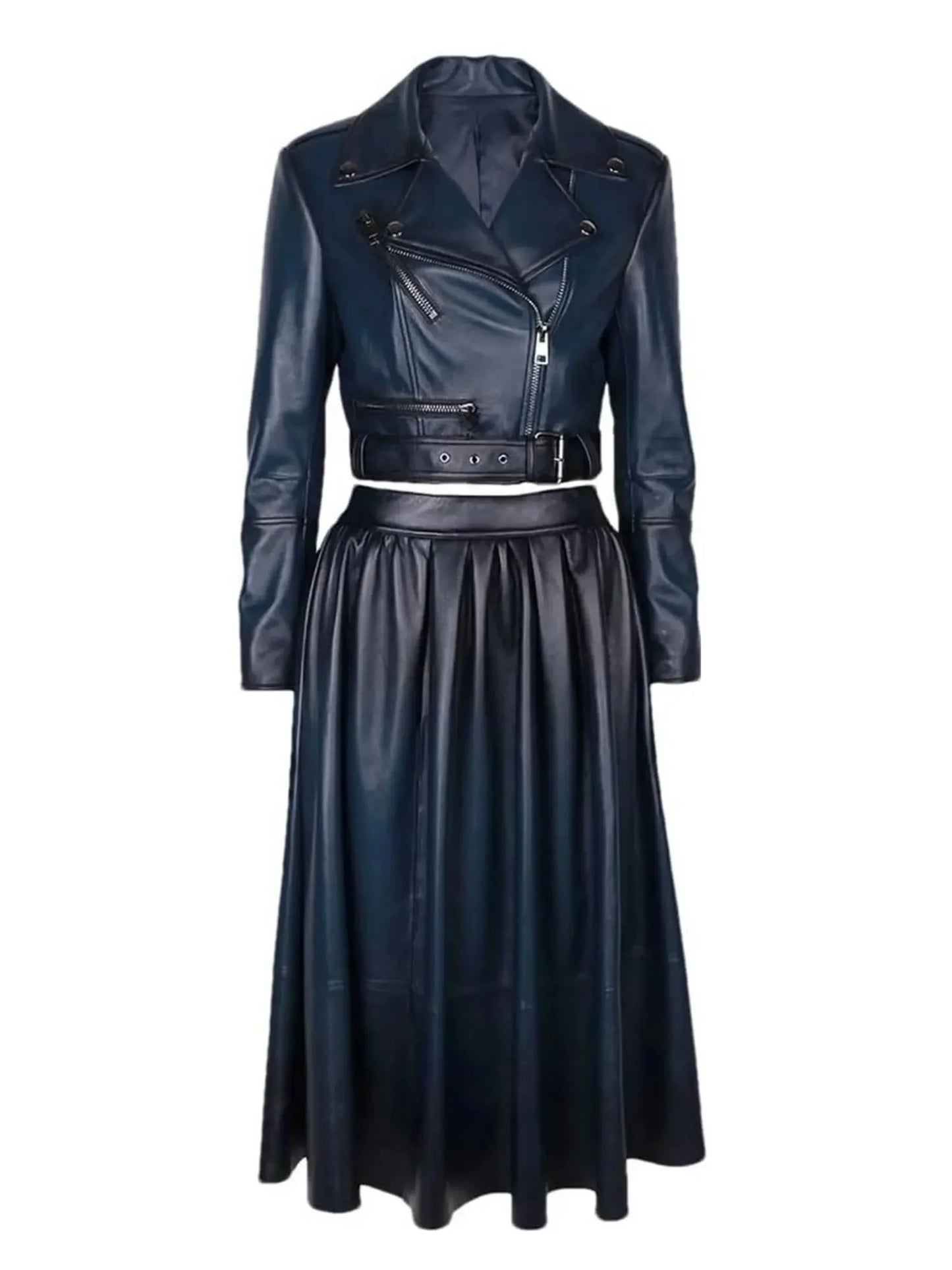 Belted Gradient Cropped Leather Jacket and Pleated Skirt Set - Suits & Sets