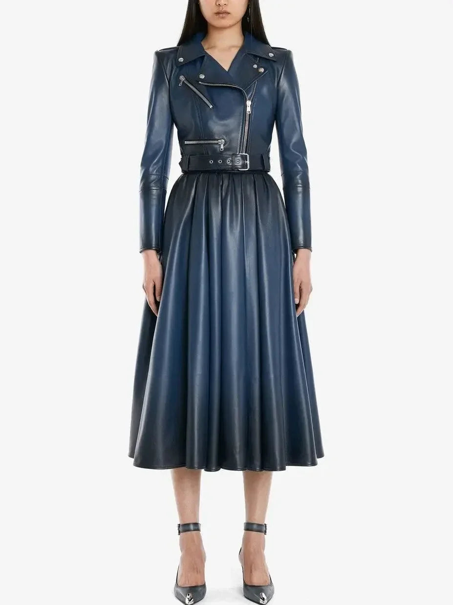 Belted Gradient Cropped Leather Jacket and Pleated Skirt Set - Suits & Sets