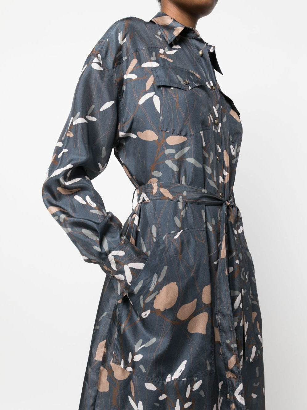 Floral-patterned Belted Graphic Print Silk Jersey Dress in Blue with a stylish belt