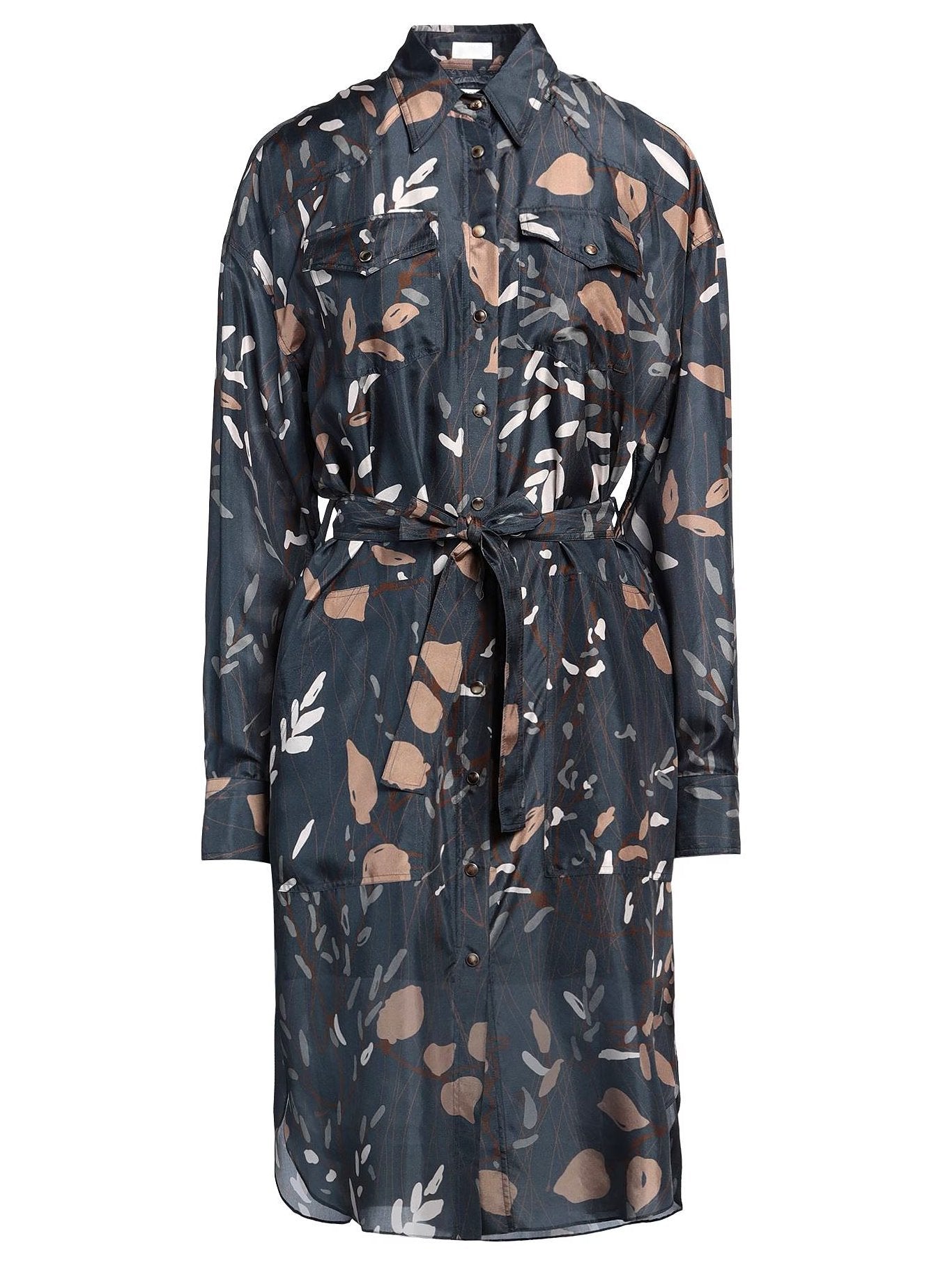 Floral-patterned Belted Graphic Print Silk Jersey Dress in Blue with stylish belt detail