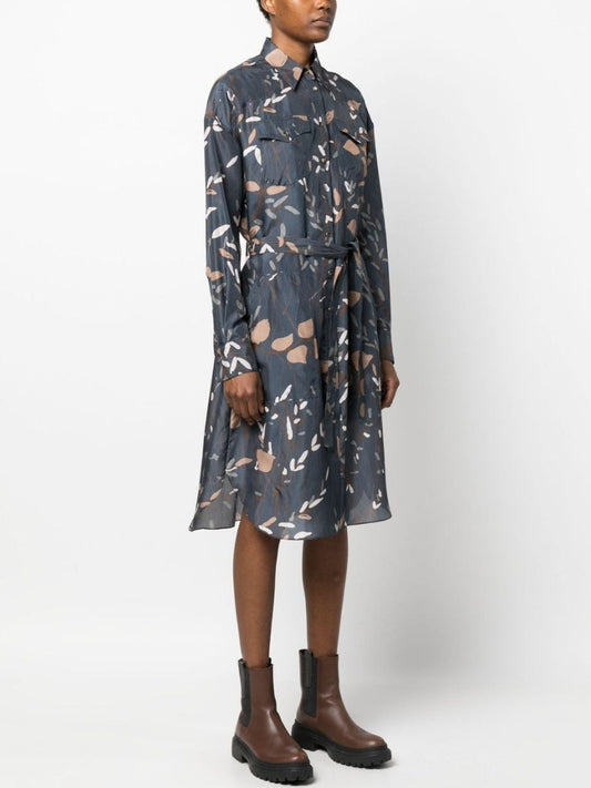 Floral-patterned Belted Graphic Print Silk Jersey Dress in Blue with stylish belt