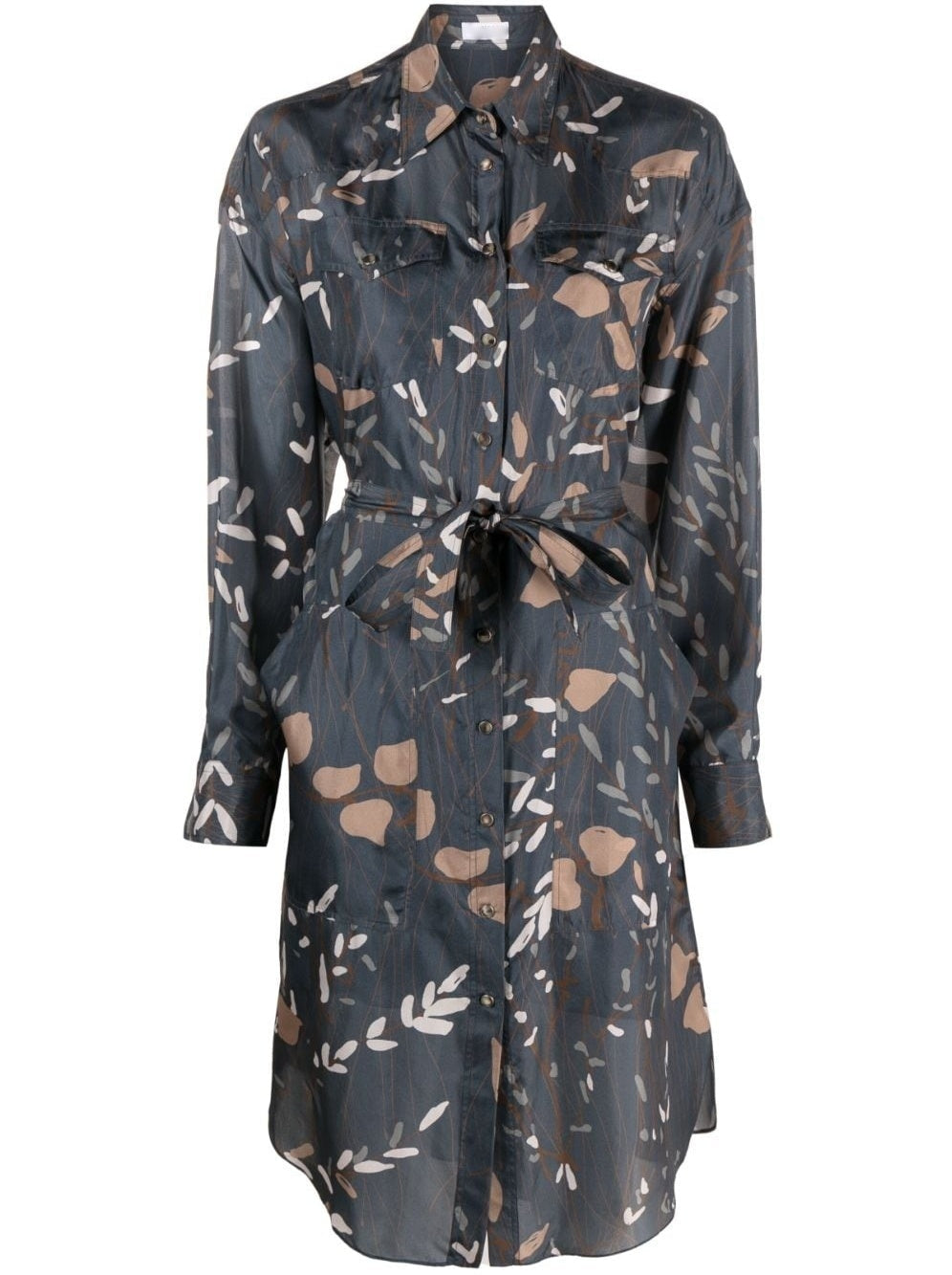 Floral-patterned Belted Graphic Print Silk Jersey Dress in Blue with belt detail