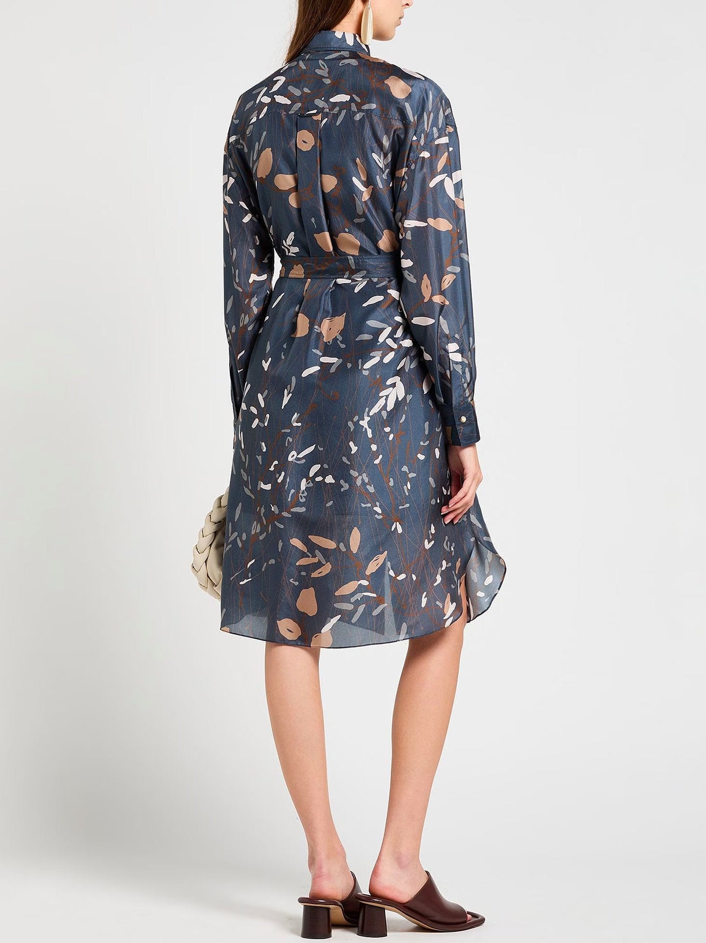 Belted Graphic Print Silk Jersey Dress in Blue with floral print design