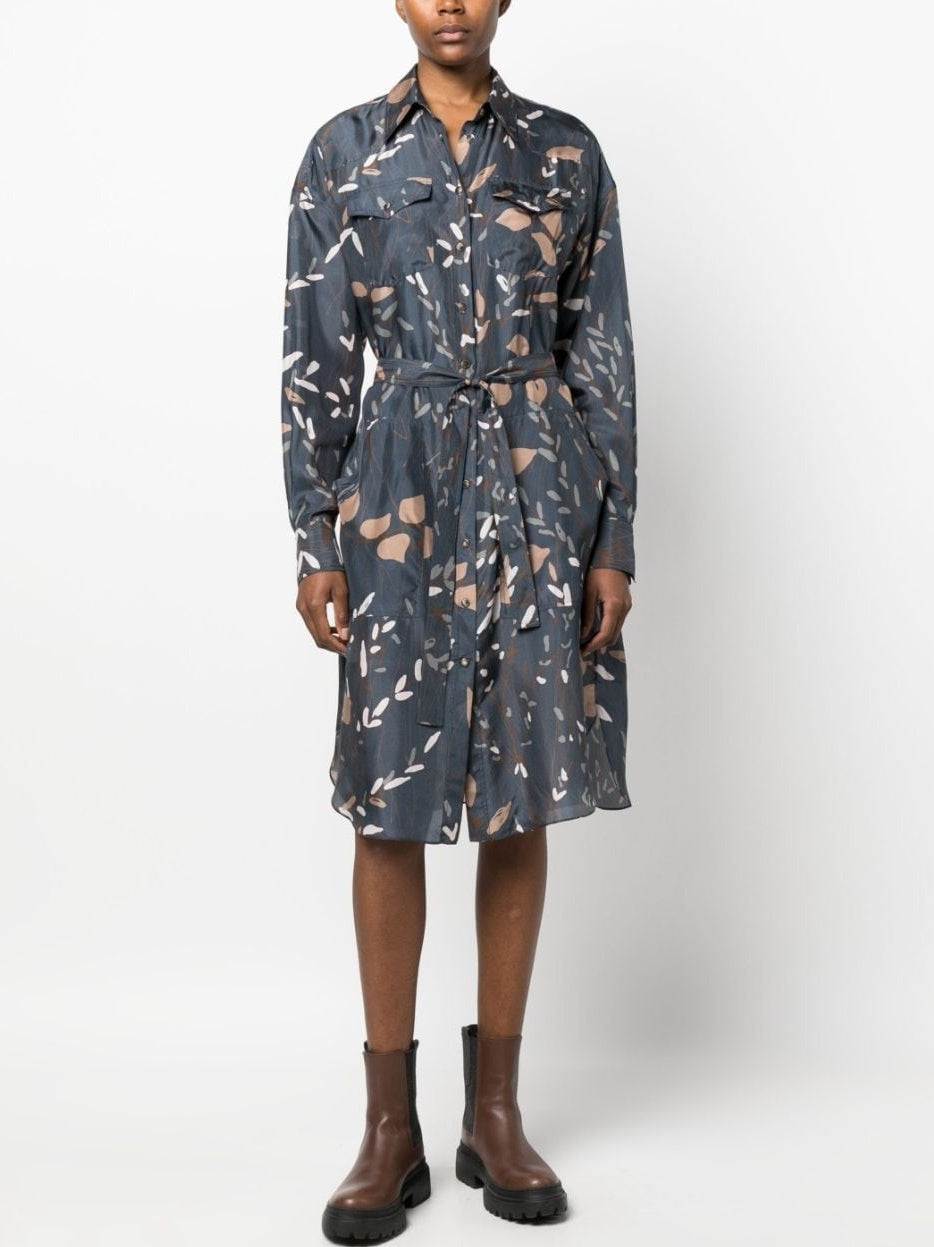 Floral-patterned belted graphic print silk jersey dress in blue for stylish occasions