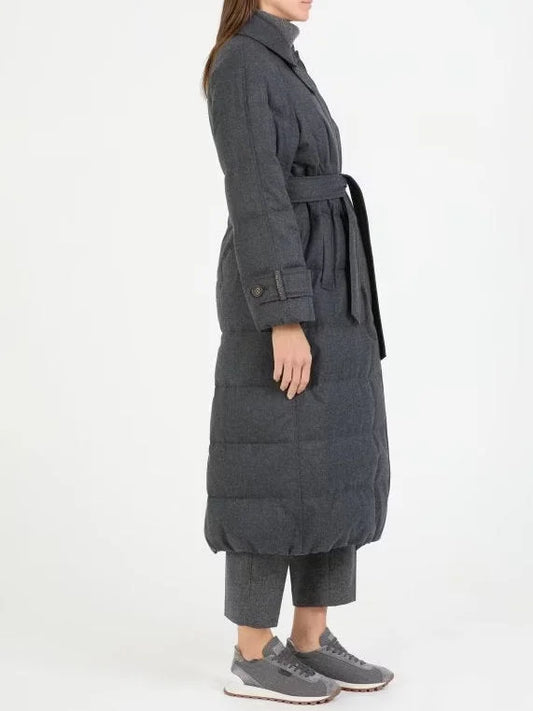 Belted Grey Feather Down Coat in Wool - Coats