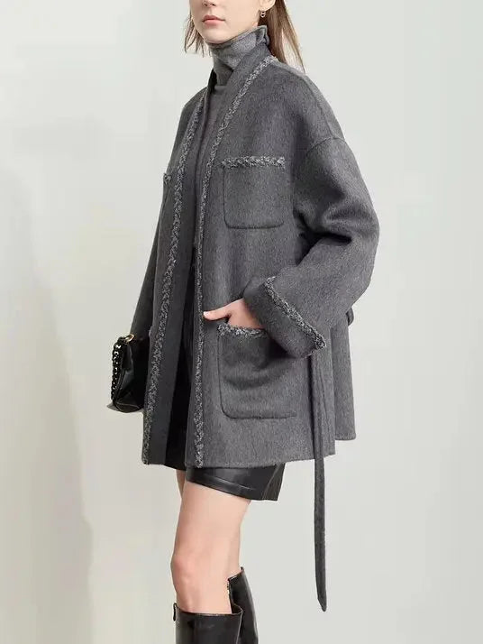 Belted Grey Wrap Short Wool-Blend Coat - Coats