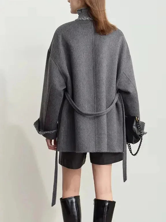 Belted Grey Wrap Short Wool-Blend Coat - Coats