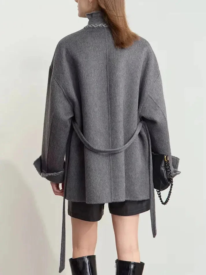 Belted Grey Wrap Short Wool-Blend Coat - Coats