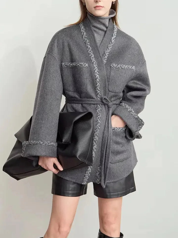 Belted Grey Wrap Short Wool-Blend Coat - Coats