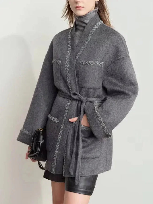 Belted Grey Wrap Short Wool-Blend Coat - Coats