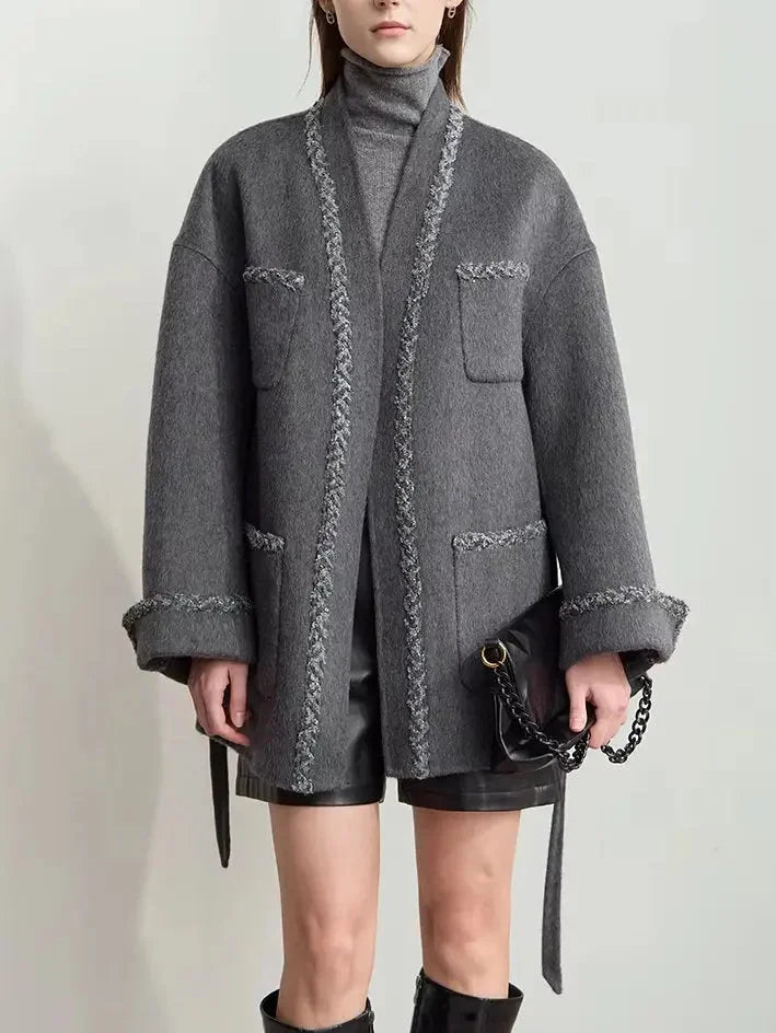 Belted Grey Wrap Short Wool-Blend Coat - Coats