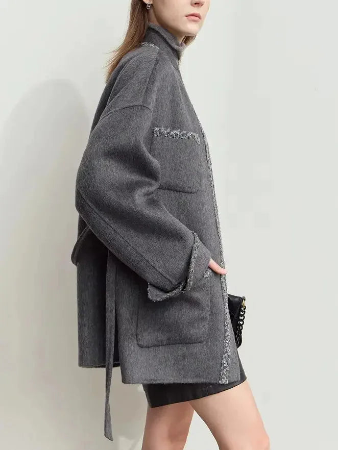 Belted Grey Wrap Short Wool-Blend Coat - Coats