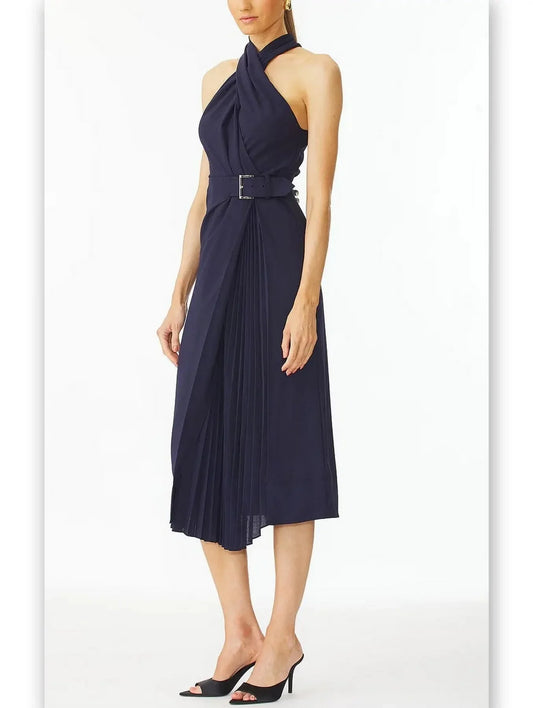 Belted Halter-Neck Pleated-Panel Midi Dress in Navy - Dresses