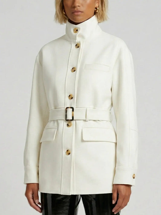 Belted High-Neck Twill Jacket in Ivory - Jackets