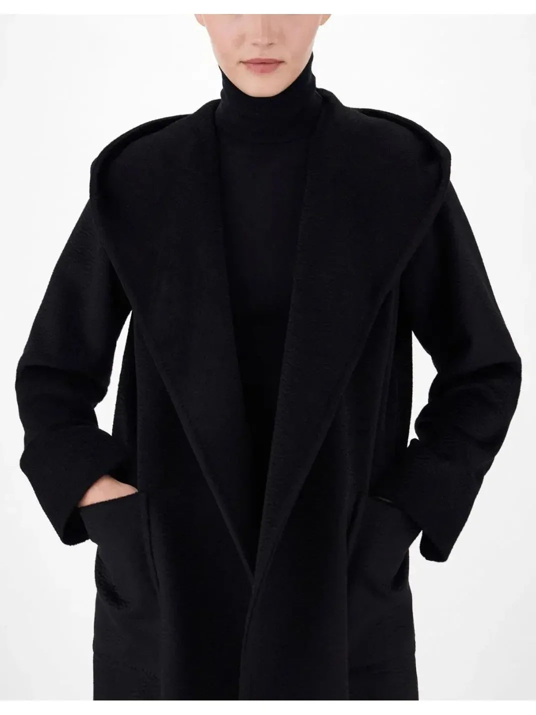 Belted Hooded Midi Coat in Black - Coats