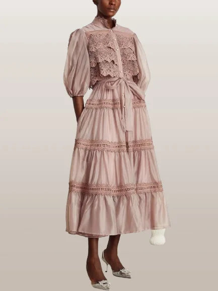 Belted Lace-Tiered Paneled Midi Dress - Dresses