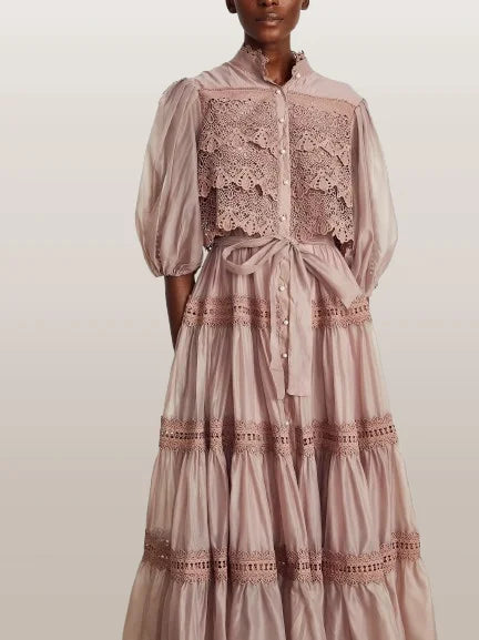 Belted Lace-Tiered Paneled Midi Dress - Dresses