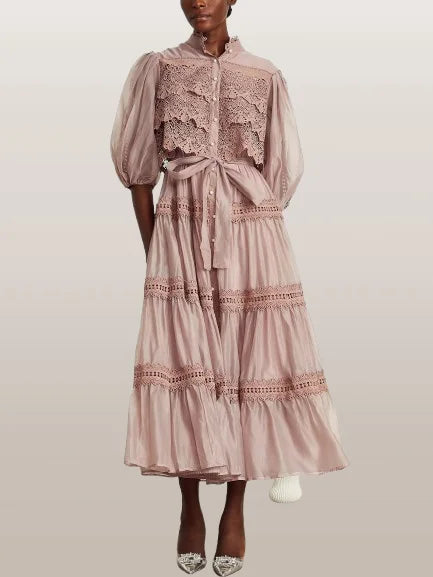 Belted Lace-Tiered Paneled Midi Dress - Dresses