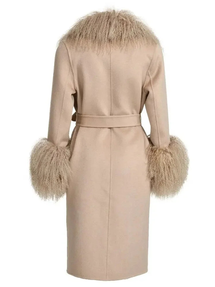 Belted Lambswool/Shearling Wool Cashmere Coat Beige - Coats