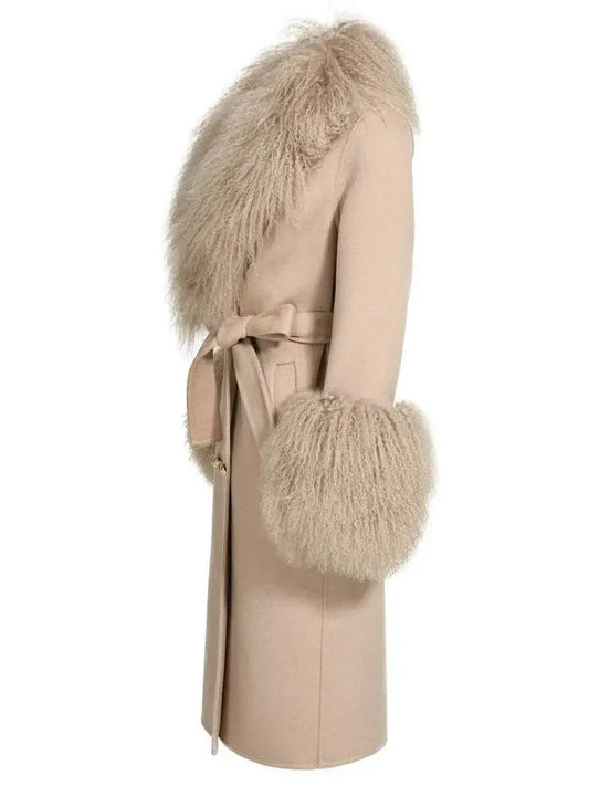 Belted Lambswool/Shearling Wool Cashmere Coat Beige - Coats