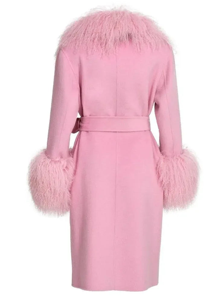 Belted Lambswool/Shearling Wool Cashmere Coat Light Pink - Coats