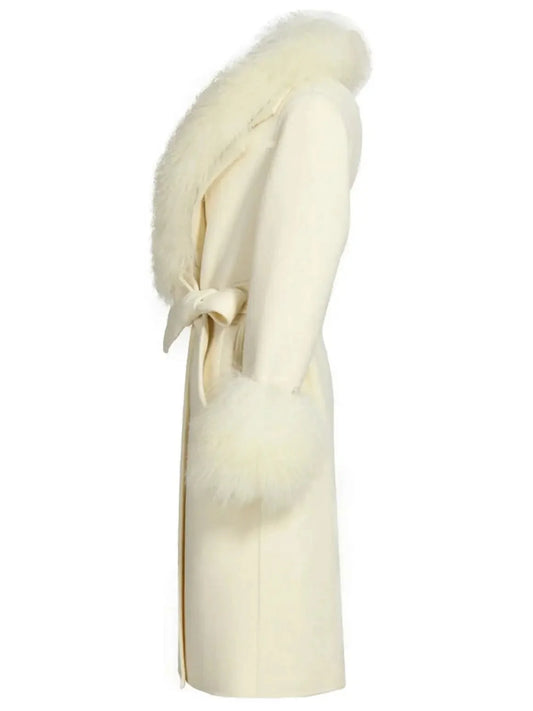 Belted Lambswool/Shearling Wool Cashmere Coat White