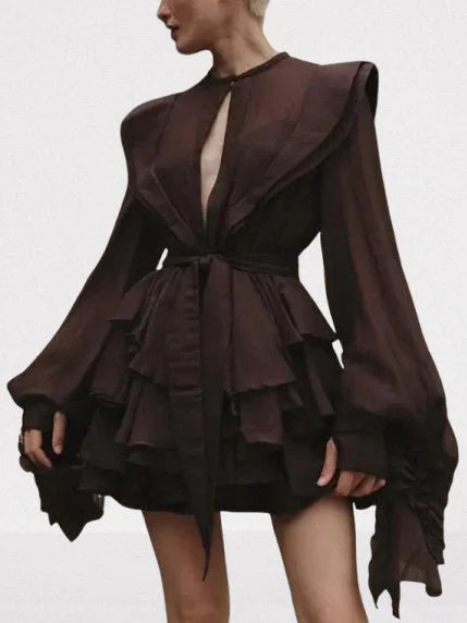 Belted Layered Tiered Sculptured-Shoulder Mini Dress - Dresses