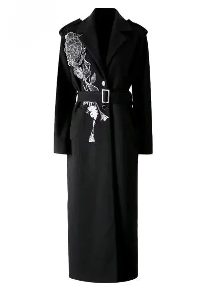 Belted Long Embroidered Wool-Blend Coat - Coats