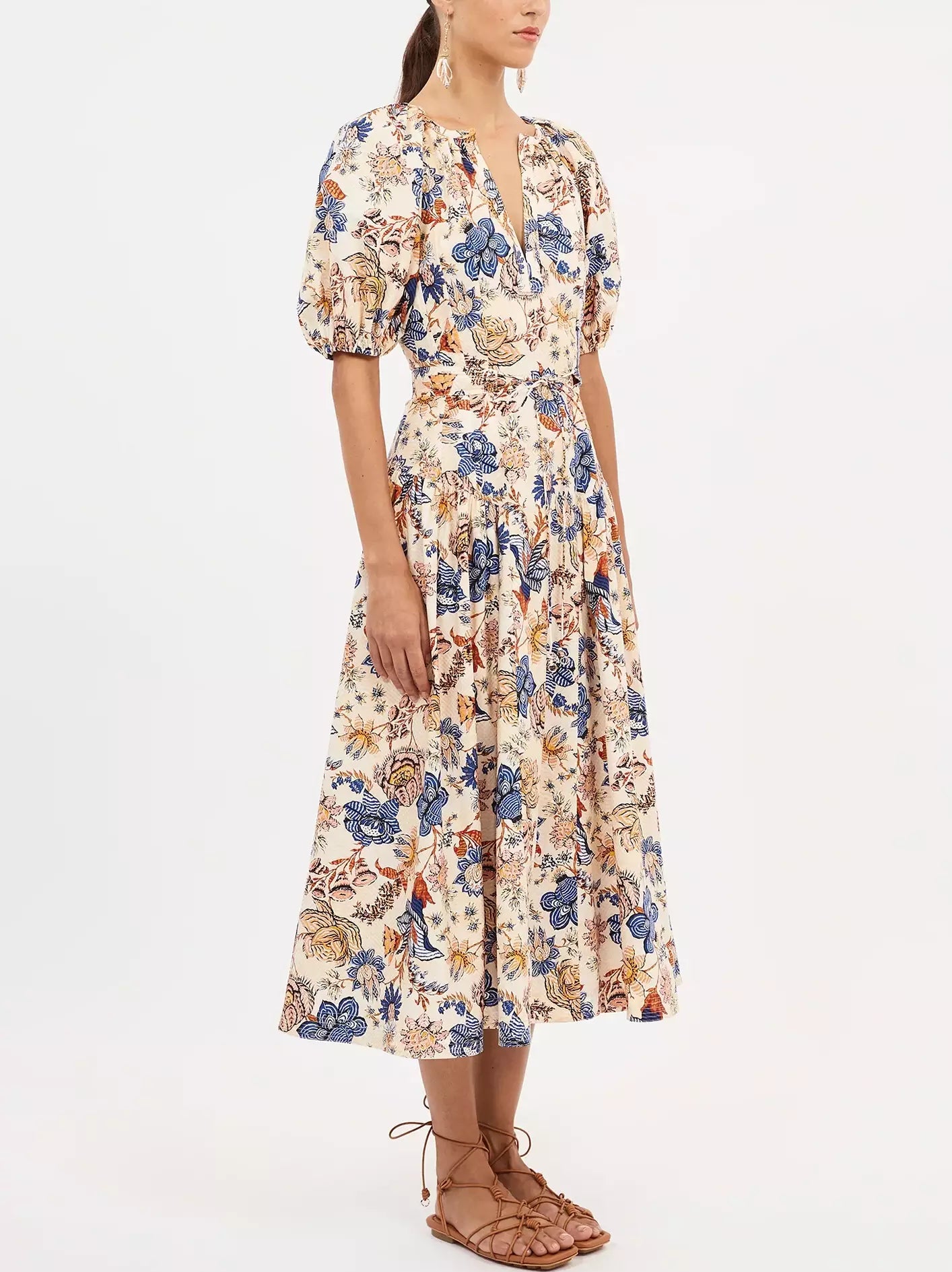 Belted Magnolia Print Puff-Sleeve Midi Dress featuring a beautiful floral design