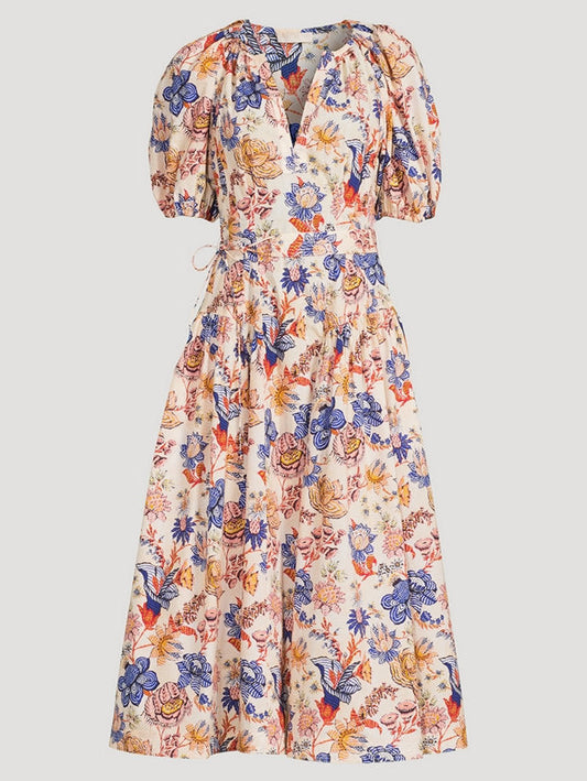 Belted Magnolia Print Puff-Sleeve Midi Dress with floral design and stylish puff sleeves