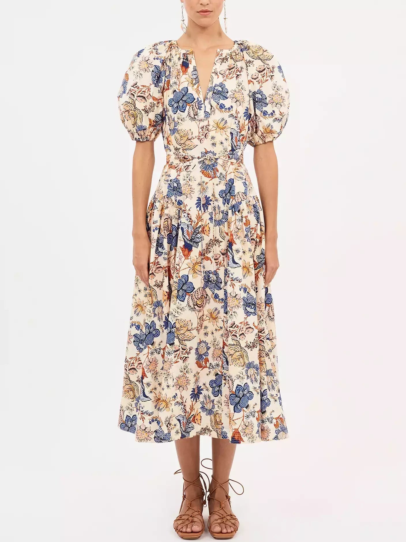 Belted Magnolia Print Puff-Sleeve Midi Dress featuring a vibrant floral design