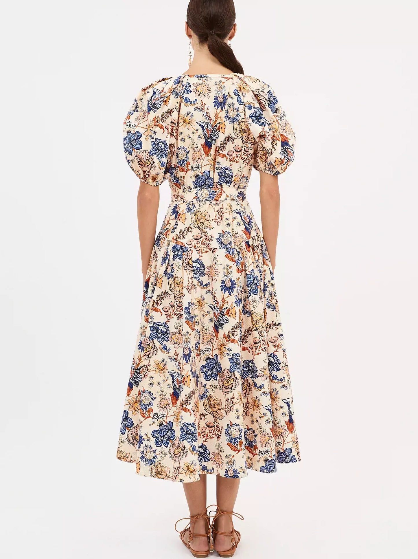 Belted Magnolia Print Puff-Sleeve Midi Dress with vibrant floral patterns and elegant style