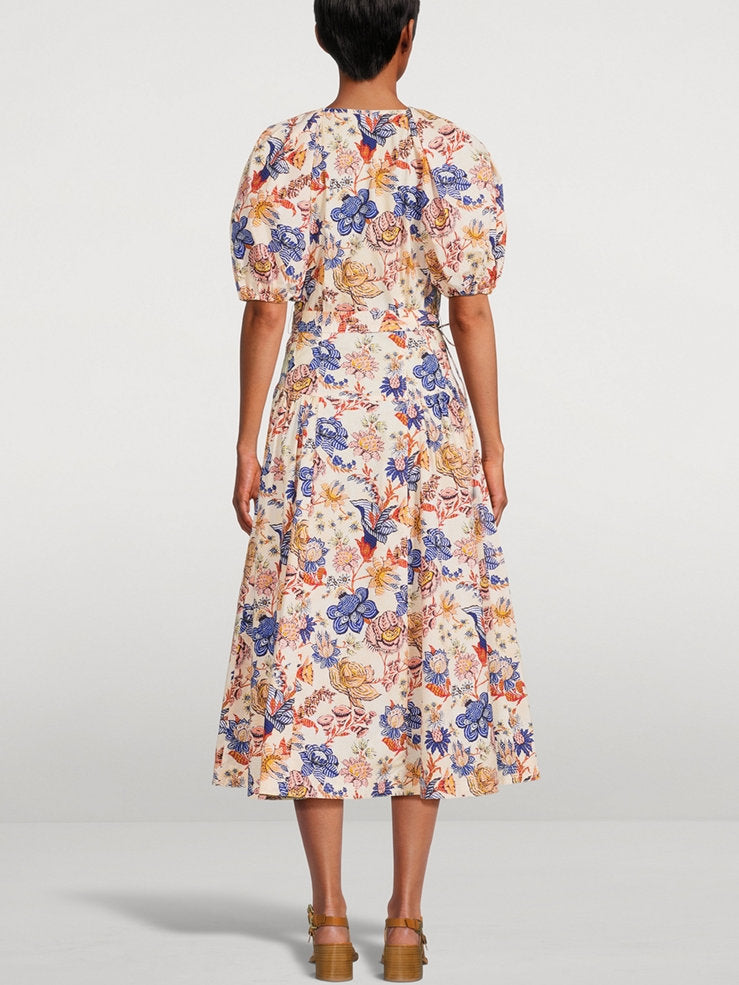 Belted Magnolia Print Puff-Sleeve Midi Dress featuring a vibrant floral design