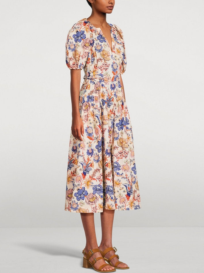 Belted Magnolia Print Puff-Sleeve Midi Dress with vibrant floral design and stylish sleeves