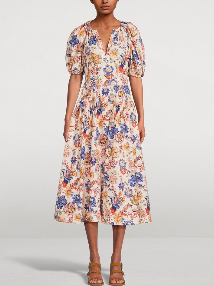 Belted Magnolia Print Puff-Sleeve Midi Dress with vibrant floral pattern and elegant design