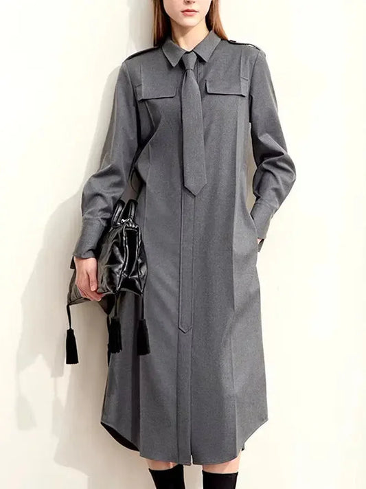 Belted Military Style Shirt Dress with Tie - Dresses